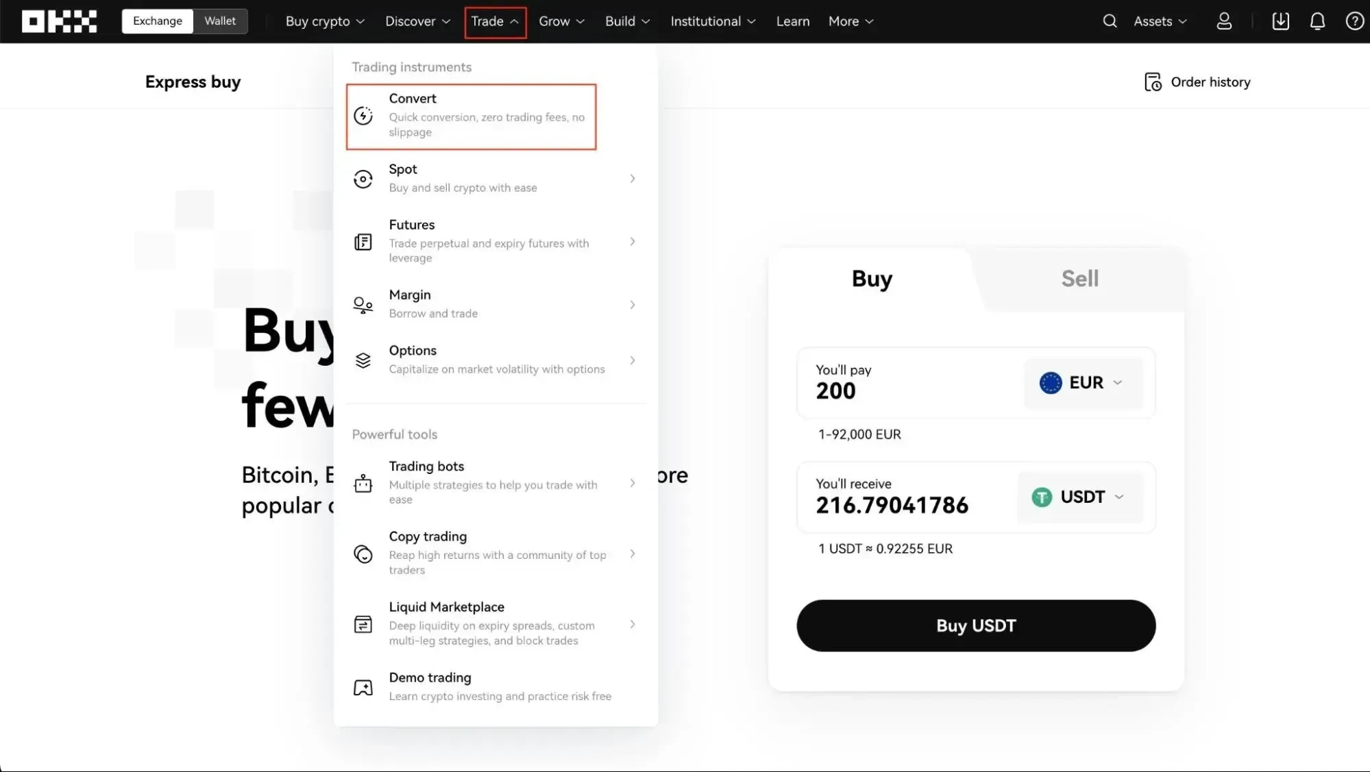 如何在 OKX 網頁平台兌換 USDT