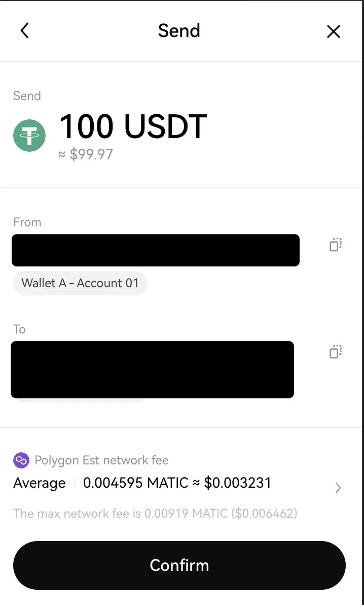 輸入您要發送的 USDT 金額，然後選擇「確認」