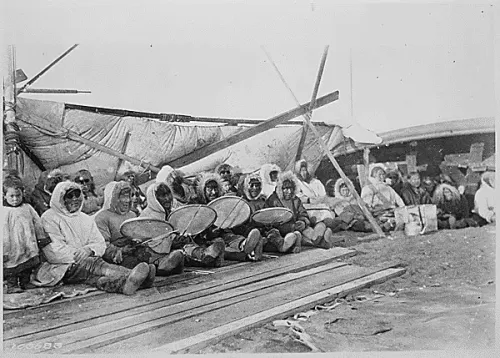 Eskimo dance orchestra, including drumheads made from whale stomachs, Point Barrow, Alaska #56