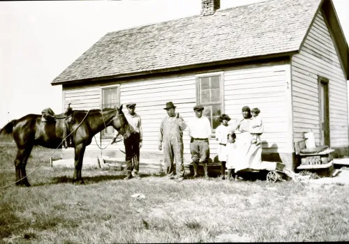 Russell Harrison, Family, Horse, and House, Crow Creek Sioux #414