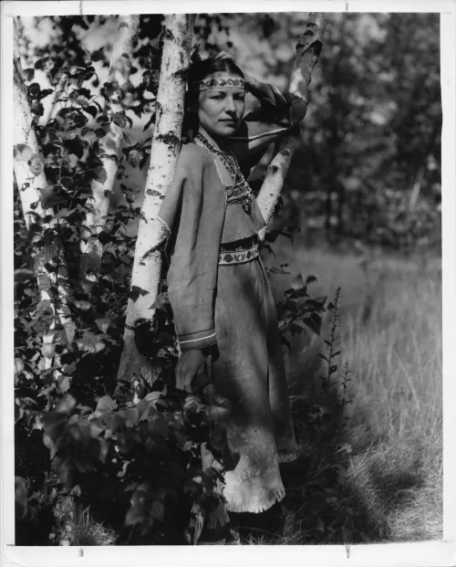 Chippewa Woman's Dress Made by Handicraft Class, Modeled by Way Nah Beak, 1936 #319