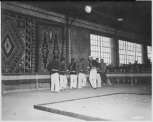 Medicine Man Charlie Turquoise (third from right) leads a group of Navajo dancers, Fort Wingate, N. Mex #58