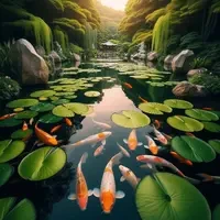 serene koi fish pond with lily pads